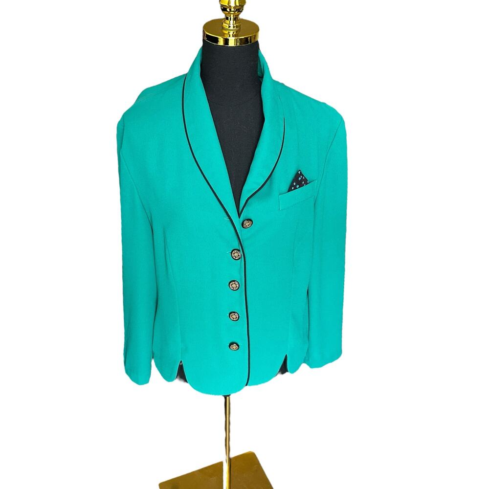 Vintage 90s Leslie Fay Teal Blazer with Sewn-In Pocket Square Size 16